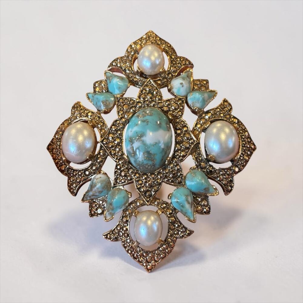Turquoise Pearl Maltese Cross Brooch Pendant Sarah Coventry Gold Tone Pin - Picture 10 of 11